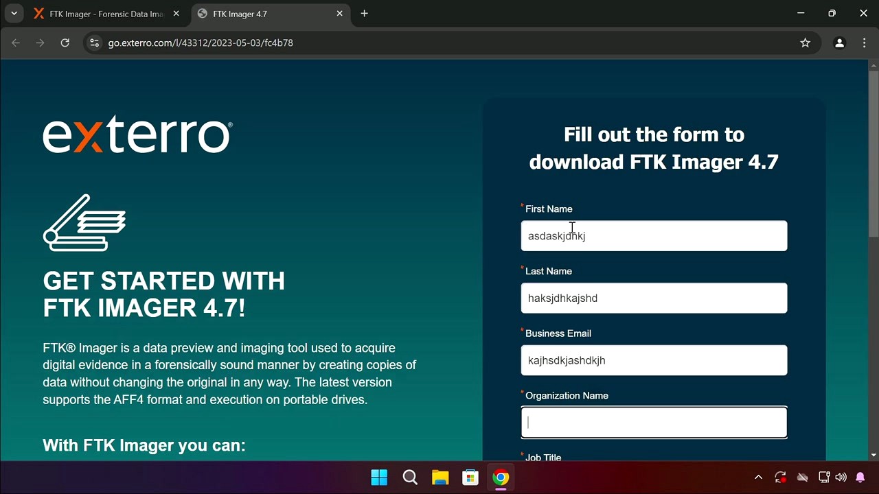 FTK Imager download page on Exterro website showing the registration form