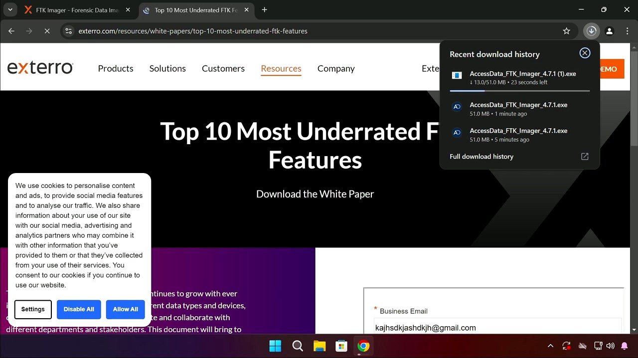 FTK Imager download confirmation page showing automatic download starting