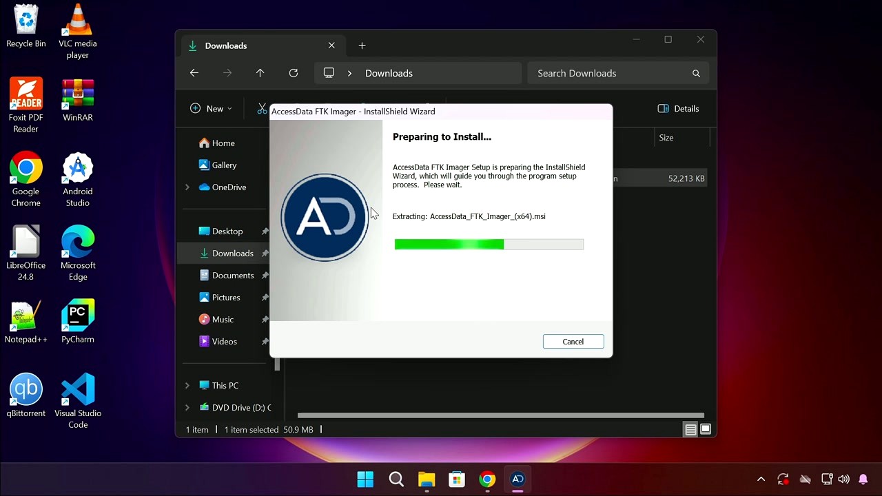 FTK Imager InstallShield Wizard preparing to install, showing AccessData logo and progress bar