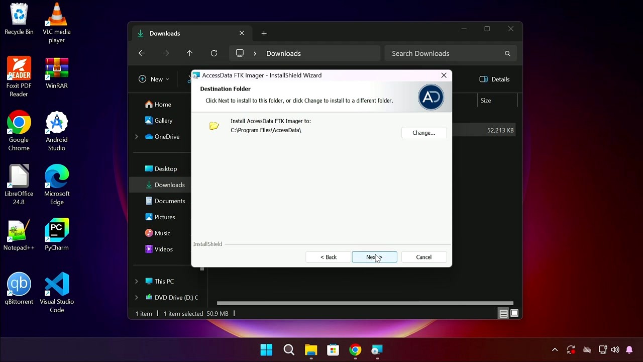 FTK Imager installer showing Destination Folder selection with default path C Program Files AccessData