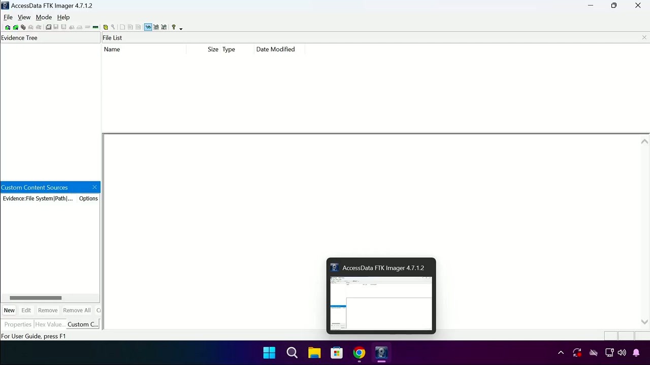 FTK Imager 4.7.1.2 main interface showing empty Evidence Tree, File List, and hex viewer panes