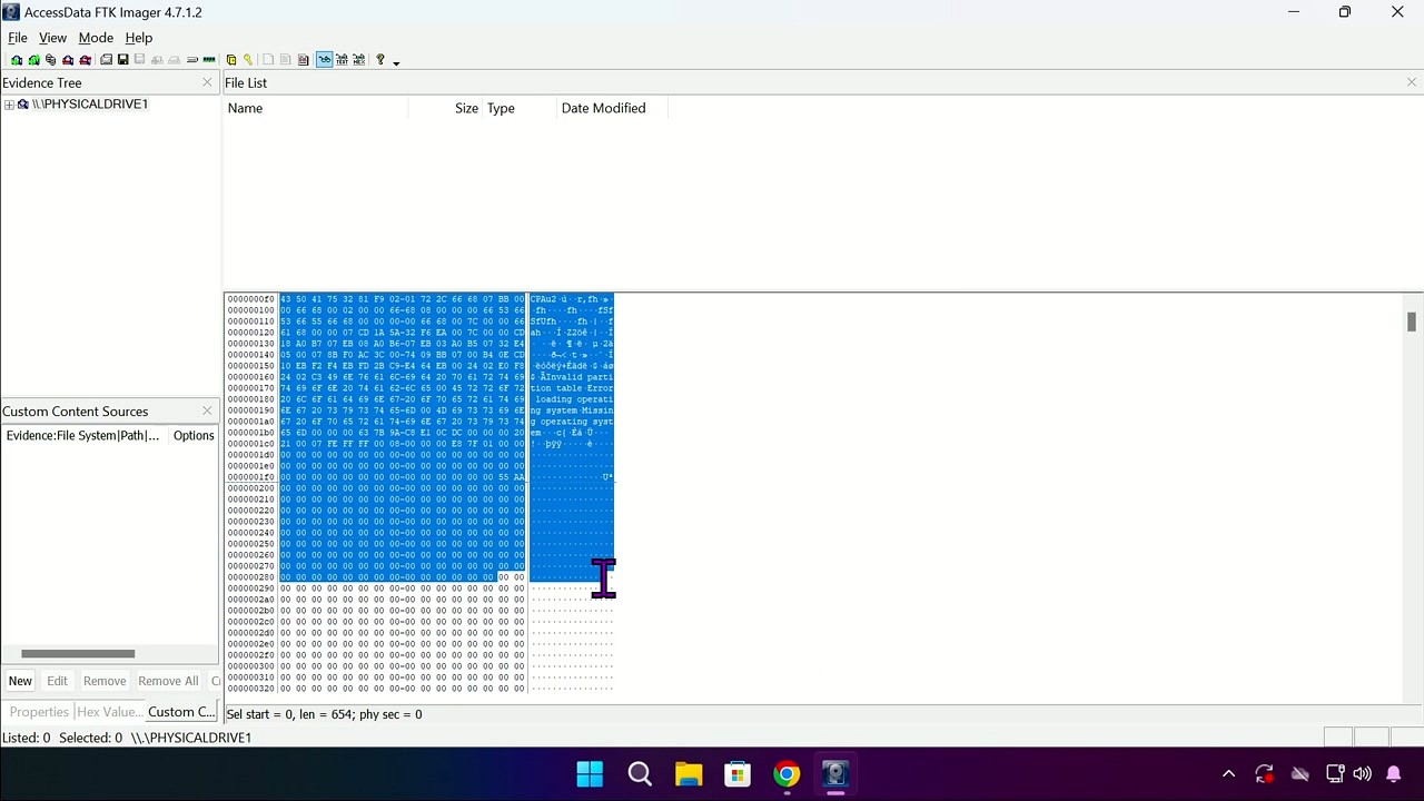 FTK Imager with a physical drive loaded showing Evidence Tree, hex viewer, and Custom Content Sources panel