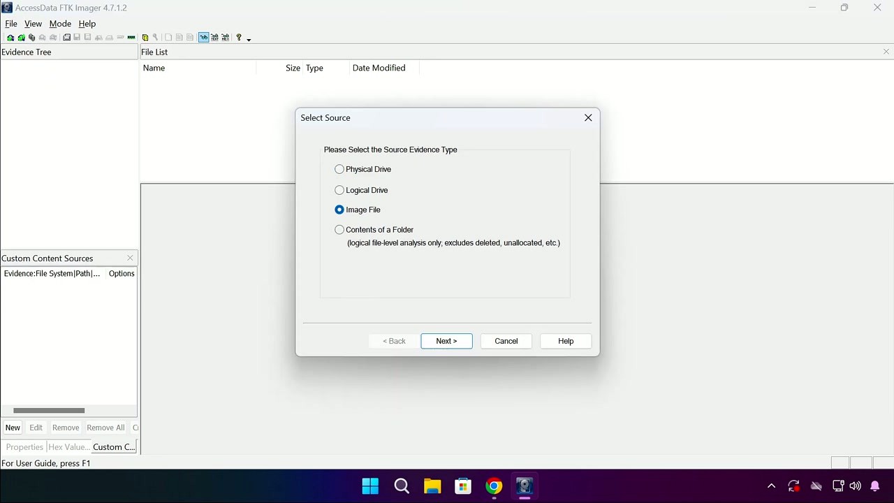 FTK Imager Select Source dialog showing Physical Drive, Logical Drive, Image File, and Contents of a Folder options